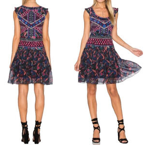 Saloni Elodie C Garnet Bandhani Silk Dress Size‎ 6 A Line Ruffle Boho Glam Luxe